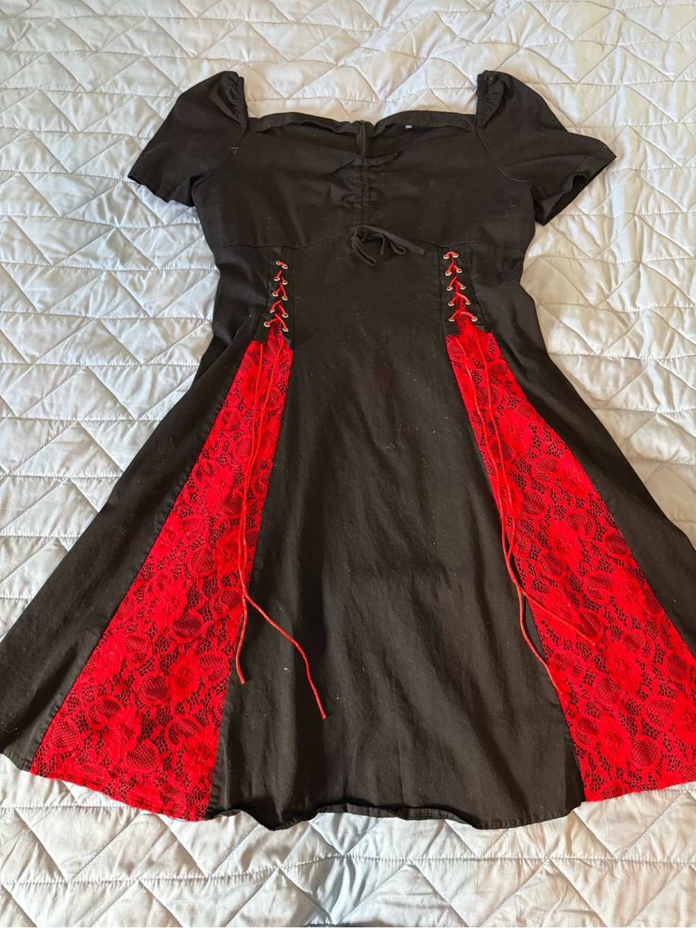 Black Midi Dress with Red Lace Insets - Women's Fit & Flare